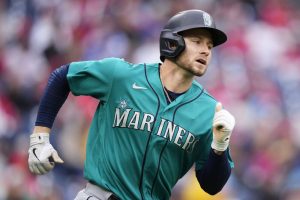 Seattle Mariners' Jarred Kelenic plays during a baseball game, Thursday, April 27, 2023, in Philadelphia. (AP Photo/Matt Slocum)