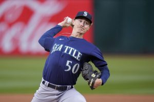 The Mariners Bryce Miller pitches against the Athletics during the first inning of a game Tuesday night in Oakland, Calif. (AP Photo/Godofredo A. Vásquez)