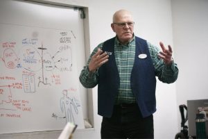 Truck-stop chaplain Greg Johnson holds a bible meeting at the Trucker’s Christian Chapel at the TA Travel Center in Troutdale, Oregon, on April 23, 2023. (Mark Graves / The Oregonian)