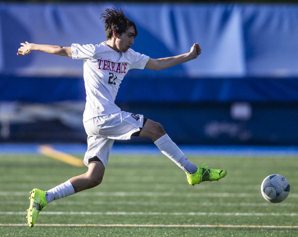 Mountlake Terraces Nickolas Portillo kicks the ball during the game against Mount Vernon on Tuesday, May 9, 2023 in Shoreline, Washington. (Olivia Vanni / The Herald)