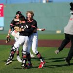 Mountlake Terrace begins celebrating a one-run victory over Shorewood in a Wesco 3A District 1 semifinal on Tuesday, May 9, 2023, at Funko Field in Everett, Washington. (Ryan Berry / The Herald)