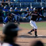 Mountlake Terraces Rominic Quiban gets on base against Shorewood in a Wesco 3A District 1 semifinal on Tuesday, May 9, 2023, at Funko Field in Everett, Washington. (Ryan Berry / The Herald)