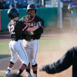 Mountlake Terrace’s Griffin Potter grabs Rominic Quiban after Quiban stole home for the eventual winning run against Shorewood in a Wesco 3A District 1 semifinal on Tuesday, May 9, 2023, at Funko Field in Everett, Washington. (Ryan Berry / The Herald)