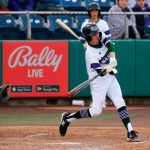 Edmonds-Woodways Andreas Simonsen fouls off a pitch against Ferndale in a Wesco 3A District 1 semifinal on Tuesday, May 9, 2023, at Funko Field in Everett, Washington. (Ryan Berry / The Herald)