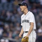 Mariners starting pitcher George Kirby celebrates as he walks off the field after the top of the seventh inning of a game against the Rangers on Tuesday in Seattle. (AP Photo/Stephen Brashear)