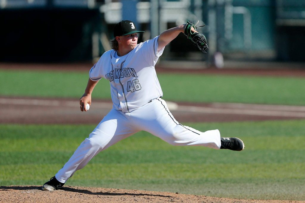Jacksons Sam Craig deals in the late innings against Lake Stevens during a Wesco 4A District 1/2 game on Thursday, May 11, 2023, at Funko Field in Everett, Washington. (Ryan Berry / The Herald)
