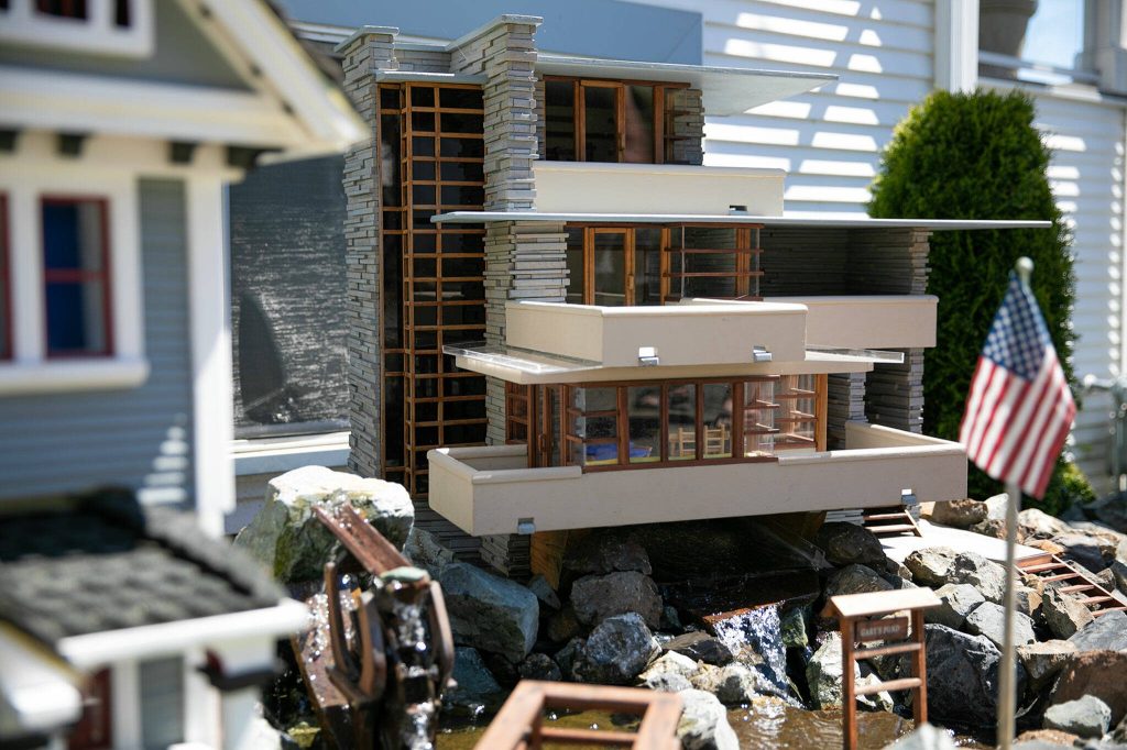 Gary Fontes version of Fallingwater by Frank Lloyd Wright features a detailed interior on Friday, May 12, 2023, at his home near Silver Lake in Everett, Washington. (Ryan Berry / The Herald)