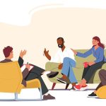 Group Therapy Addiction Treatment Concept. Characters Counseling with Psychologist on Psychotherapist Session. Doctor Psychologist Counseling with Diseased Patients. Cartoon People Vector Illustration building bridges