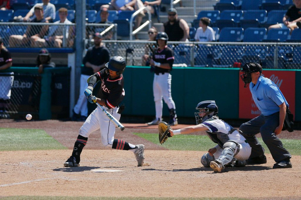 Mountlake Terraces Rominic Quinn lines out to end the inning against Edmonds-Woodway in the 3A District title game on Saturday, May 13, 2023, at Funko Field in Everett, Washington. (Ryan Berry / The Herald)
