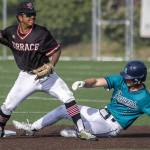 Mountlake Terrace’s Rominic Quiban (33) catches at second during a game between Mountlake Terrace and Auburn Riverside in Mountlake Terrace, Washington on Tuesday, May 16, 2023. Mountlake Terrace won, 13-3. (Annie Barker / The Herald)