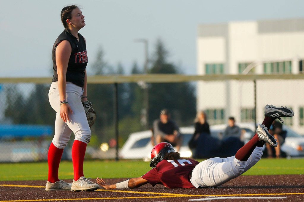 Cascades Jaidyn Wilson slides in safe at second on a no-throw against Mountlake Terrace during the Class 3A District 1 softball tournament Tuesday, May 16, 2023, at the Phil Johnson Ballfields in Everett, Washington. (Ryan Berry / The Herald)