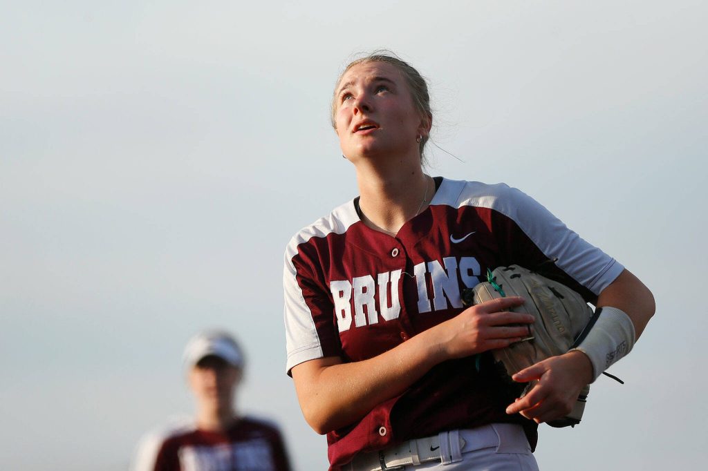 Cascade pitcher Alexa Hamshaw comes off the field after working out of an inning against Mountlake Terrace during the Class 3A District 1 softball tournament Tuesday, May 16, 2023, at the Phil Johnson Ballfields in Everett, Washington. (Ryan Berry / The Herald)
