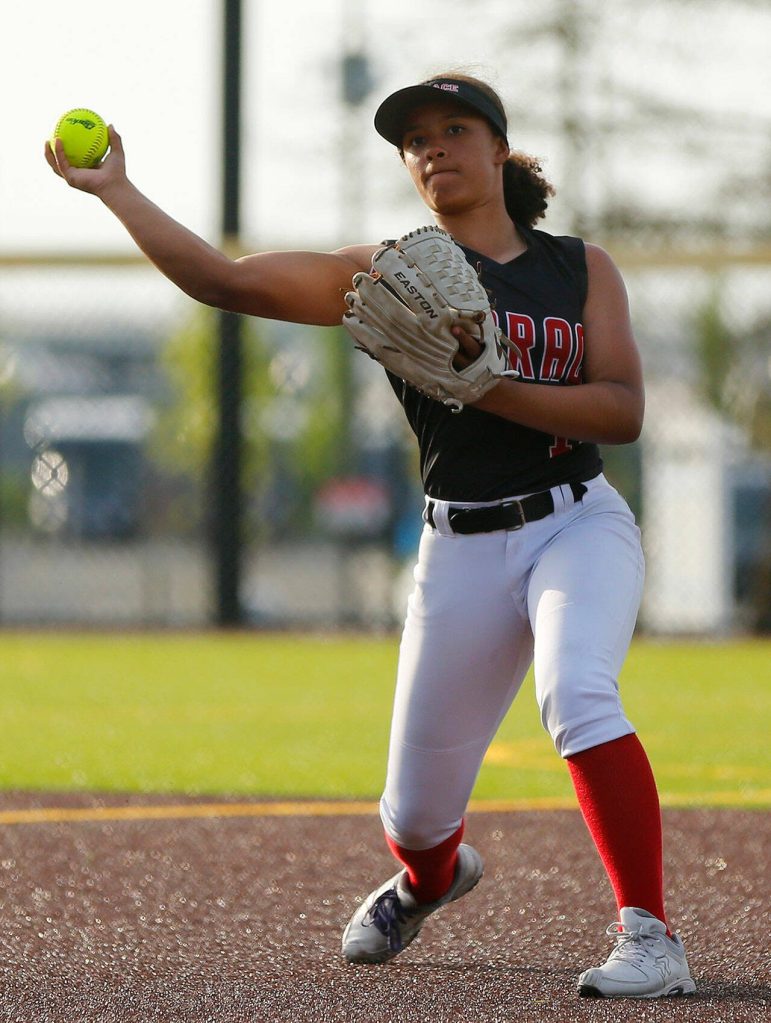 Mountlake Terraces Amaya Johnson throws out a runner against Cascade during the Class 3A District 1 softball tournament Tuesday, May 16, 2023, at the Phil Johnson Ballfields in Everett, Washington. (Ryan Berry / The Herald)