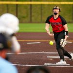 Snohomishs Skyla Bristol pitches in the later innings against Stanwood during the Class 3A District 1 softball tournament Tuesday, May 16, 2023, at the Phil Johnson Ballfields in Everett, Washington. (Ryan Berry / The Herald)