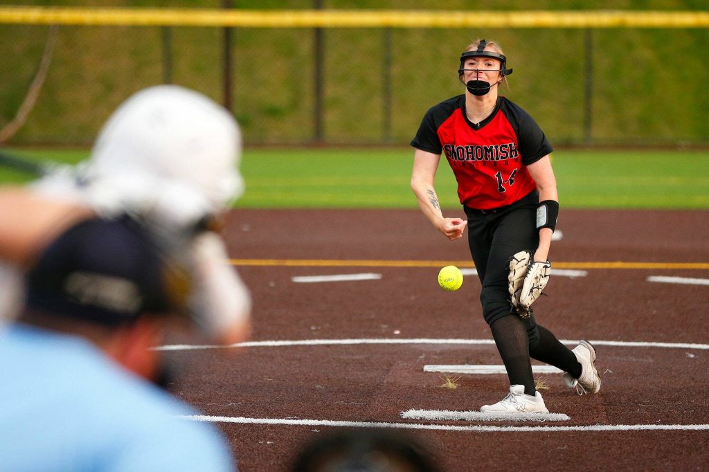 Snohomishs Skyla Bristol pitches in the later innings against Stanwood during the Class 3A District 1 softball tournament Tuesday, May 16, 2023, at the Phil Johnson Ballfields in Everett, Washington. (Ryan Berry / The Herald)