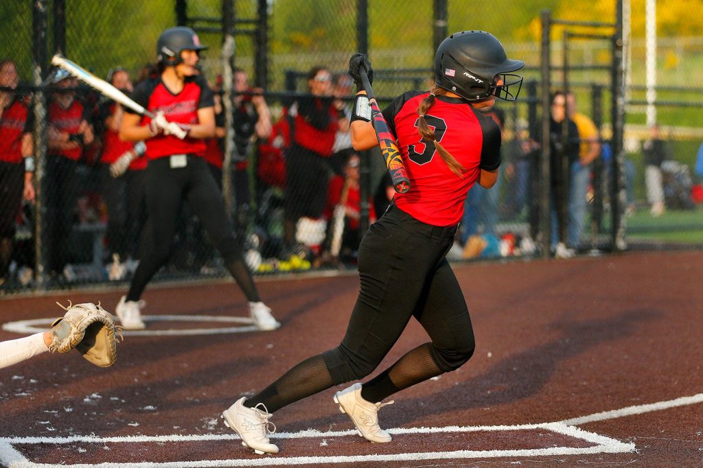 Snohomishs Kendel Sage drives in a run against Stanwood during the Class 3A District 1 softball tournament Tuesday, May 16, 2023, at the Phil Johnson Ballfields in Everett, Washington. (Ryan Berry / The Herald)