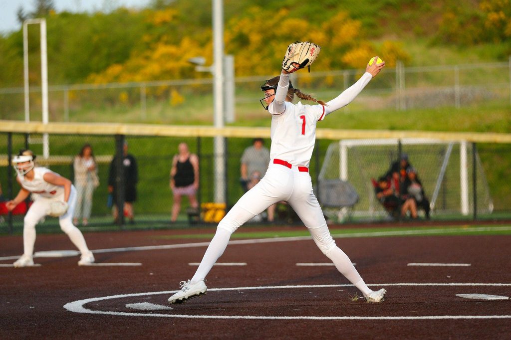 Stanwoods Megan Stulc winds up to pitch against Snohomish during the Class 3A District 1 softball tournament Tuesday, May 16, 2023, at the Phil Johnson Ballfields in Everett, Washington. (Ryan Berry / The Herald)