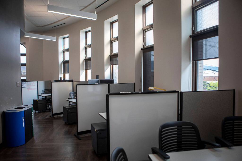 Inside the Carnegie Resource Center in Everett, Washington on Wednesday, May 17, 2023. (Annie Barker / The Herald)