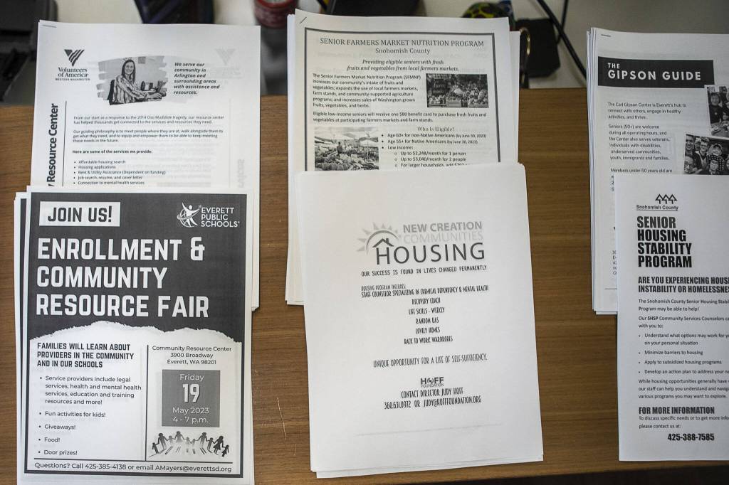 Information inside the Carnegie Resource Center in Everett, Washington on Wednesday, May 17, 2023. (Annie Barker / The Herald)