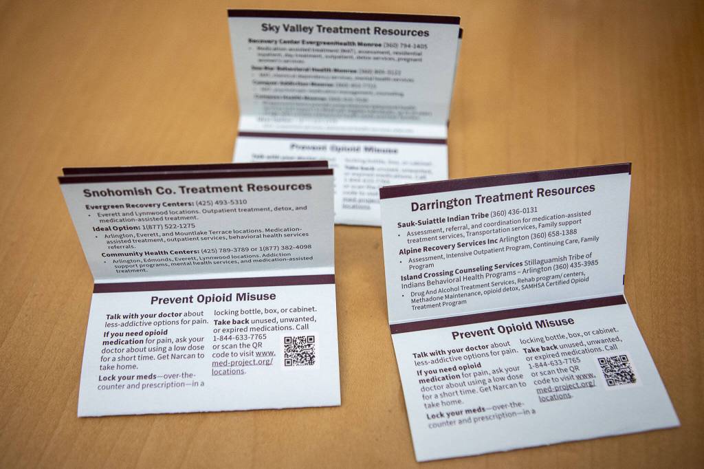 Treatment resource cards based on locations in Snohomish County are displayed on Wednesday, May 17, 2023. (Annie Barker / The Herald)
