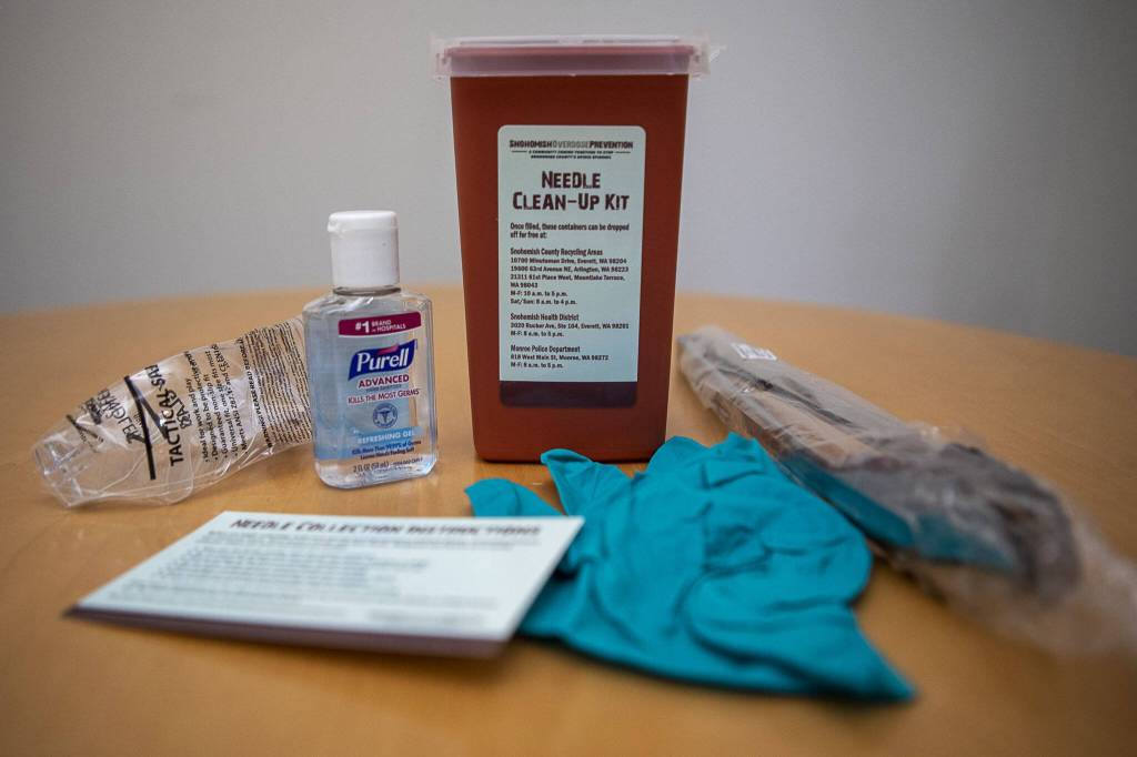 A needle clean-up kit is displayed on Wednesday, May 17, 2023. (Annie Barker / The Herald)