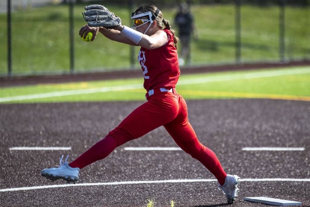 Stanwoods Eliot McDonald (2) pitches during a game between Marysville Getchell and Stanwood at Phil Johnson Ballfields in Everett, Washington on Thursday, May 18, 2023. Stanwood won, 12-1. (Annie Barker / The Herald)