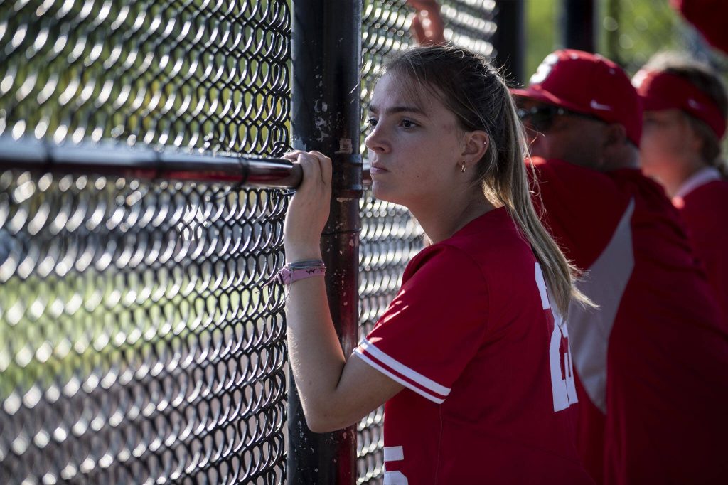 Stanwoods Amelia Norton (25) watches during a game between Marysville Getchell and Stanwood at Phil Johnson Ballfields in Everett, Washington on Thursday, May 18, 2023. Stanwood won, 12-1. (Annie Barker / The Herald)