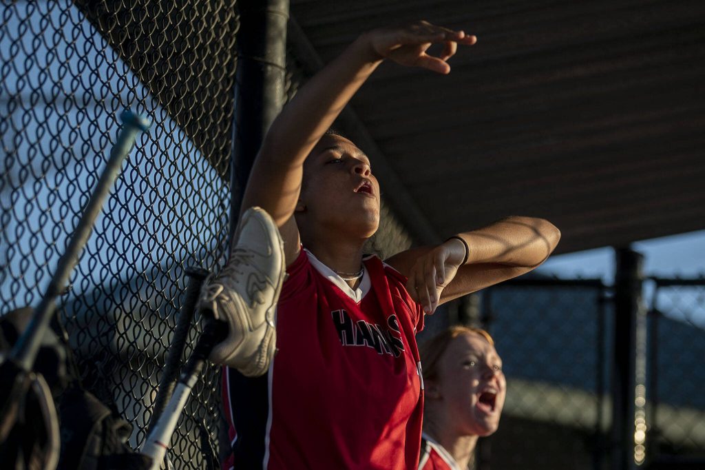 A Mountlake Terrace player cheers during a game between Mountlake Terrace and Snohomish at Phil Johnson Ballfields in Everett, Washington on Thursday, May 18, 2023. Snohomish won, 4-0. (Annie Barker / The Herald)
