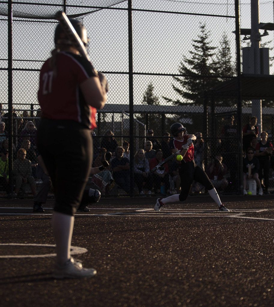 A Mountlake Terrace player swings during a game between Mountlake Terrace and Snohomish at Phil Johnson Ballfields in Everett, Washington on Thursday, May 18, 2023. Snohomish won, 4-0. (Annie Barker / The Herald)
