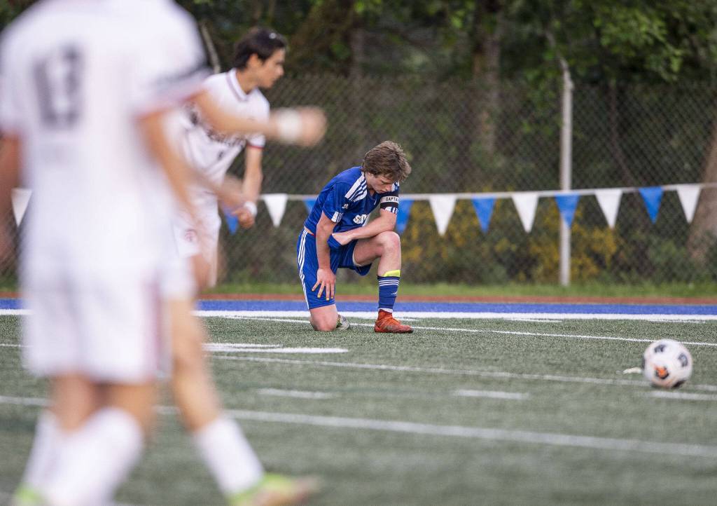 Shorewoods Blaise Clapper reacts to losing to Ballard on Thursday, May 18, 2023 in Shoreline, Washington. (Olivia Vanni / The Herald)
