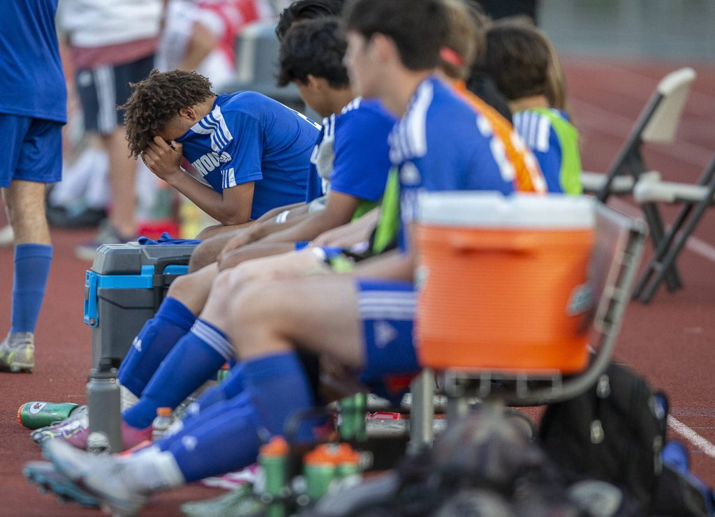 Shorewoods Jackson Smith reacts to Ballard scoring a third goal during the game on Thursday, May 18, 2023 in Shoreline, Washington. (Olivia Vanni / The Herald)