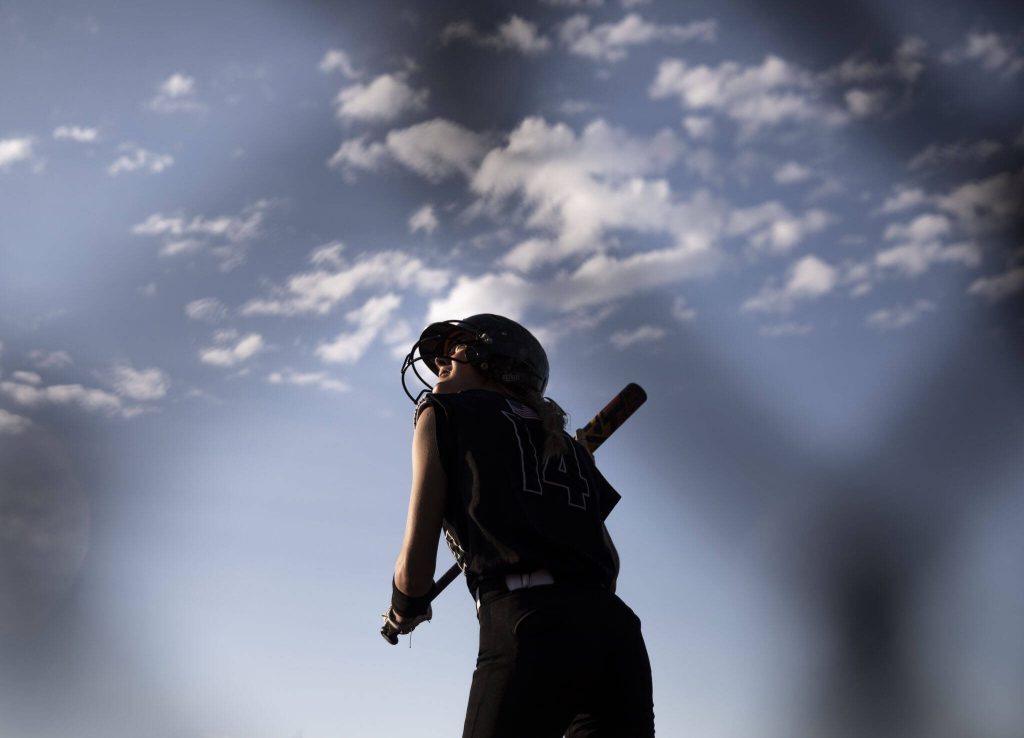 Jacksons Reese Westman watches a foul ball during the game against Bothell on Friday, May 19, 2023 in Everett, Washington. (Olivia Vanni / The Herald)