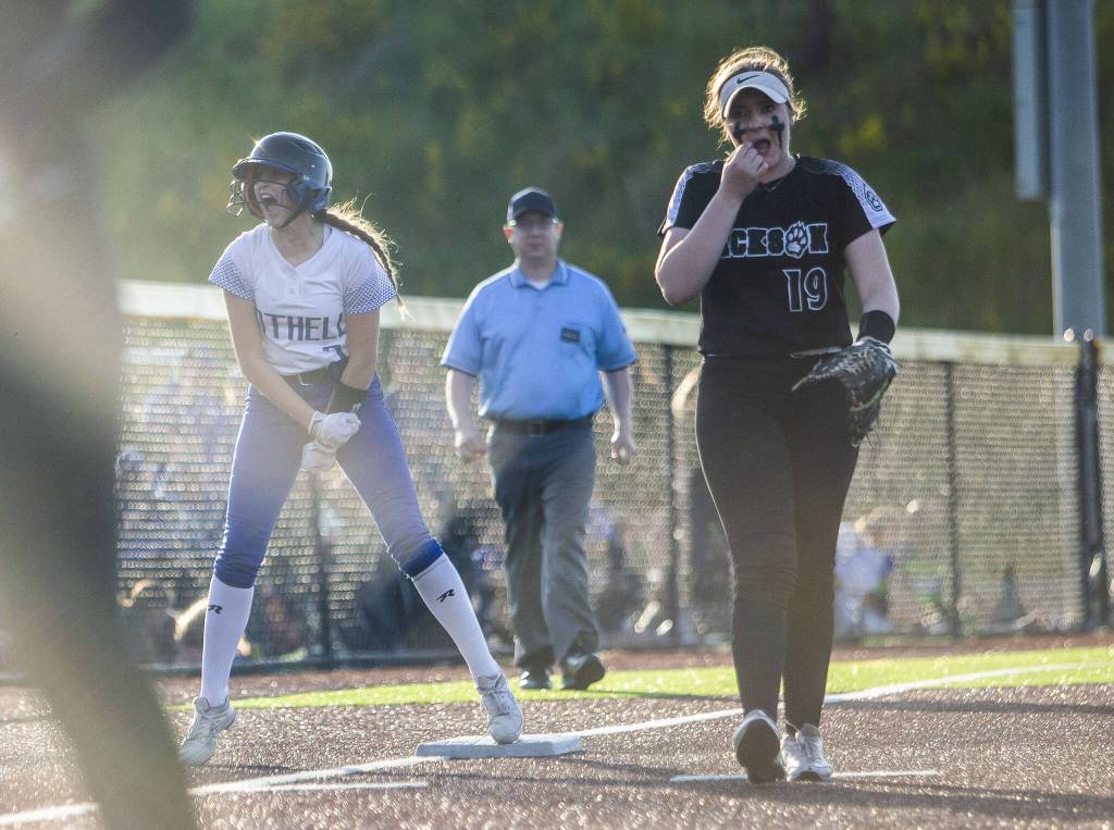 Bothells Rachel Traxler reacts to getting to third and scoring position to tie up the game on Friday, May 19, 2023 in Everett, Washington. (Olivia Vanni / The Herald)