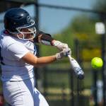 Glaicer Peaks Katelyn McCallum hits the ball during the game against Eastlake on Friday, May 19, 2023 in Everett, Washington. (Olivia Vanni / The Herald)