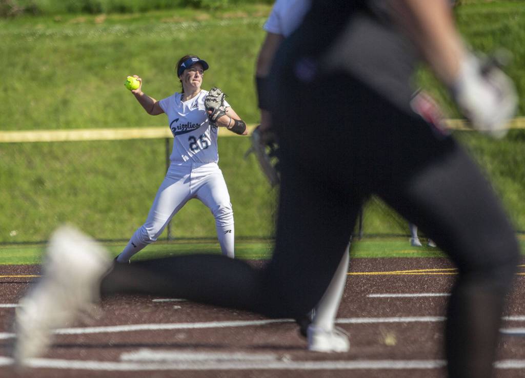 Glacier Peaks Lauren Hufford fields the ball during the game against Eastlake on Friday, May 19, 2023 in Everett, Washington. (Olivia Vanni / The Herald)