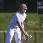 Glaicer Peaks Faith Jordan reacts to getting the final out to beat Eastlake on Friday, May 19, 2023 in Everett, Washington. (Olivia Vanni / The Herald)