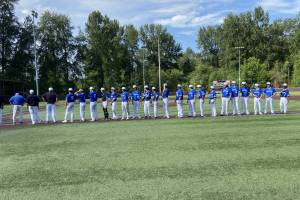Shorewood players line up before the start of a state baseball game against Timberline on Saturday, May 20, 2023 at Bannerwood Park in Bellevue. (Zac Hereth / The Herald)