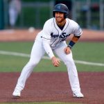 Everett AquaSoxs Tyler Locklear smiles during a game against the Eugene Emeralds on April 7 at Funko Field in Everett. Locklear hit .292 with three home runs and eight RBI last week. (Ryan Berry / The Herald)