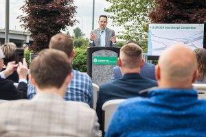 Marysville Mayor Jon Nehring speaks at the groundbreaking event for the I-5/SR 529 Interchange project on Tuesday, May 23, 2023 in Marysville, Washington. (Olivia Vanni / The Herald)