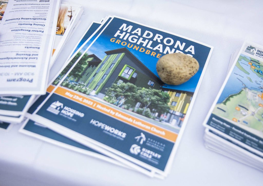 Flyers for the Housing Hope Madrona Highlands project on Tuesday, May 23, 2023 in Edmonds, Washington. (Olivia Vanni / The Herald)