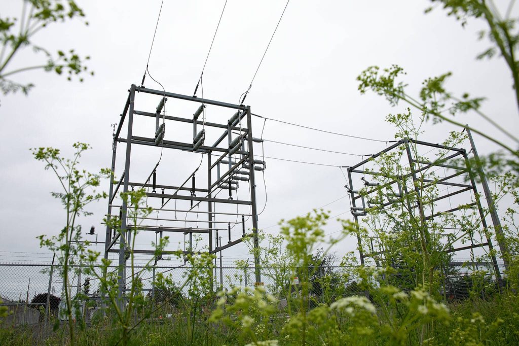 The North Stanwood Substation is seen Tuesday, May 30, 2023, in Stanwood, Washington. The substation is within a floodplain, prompting PUD to create a new substation at higher ground. (Ryan Berry / The Herald)