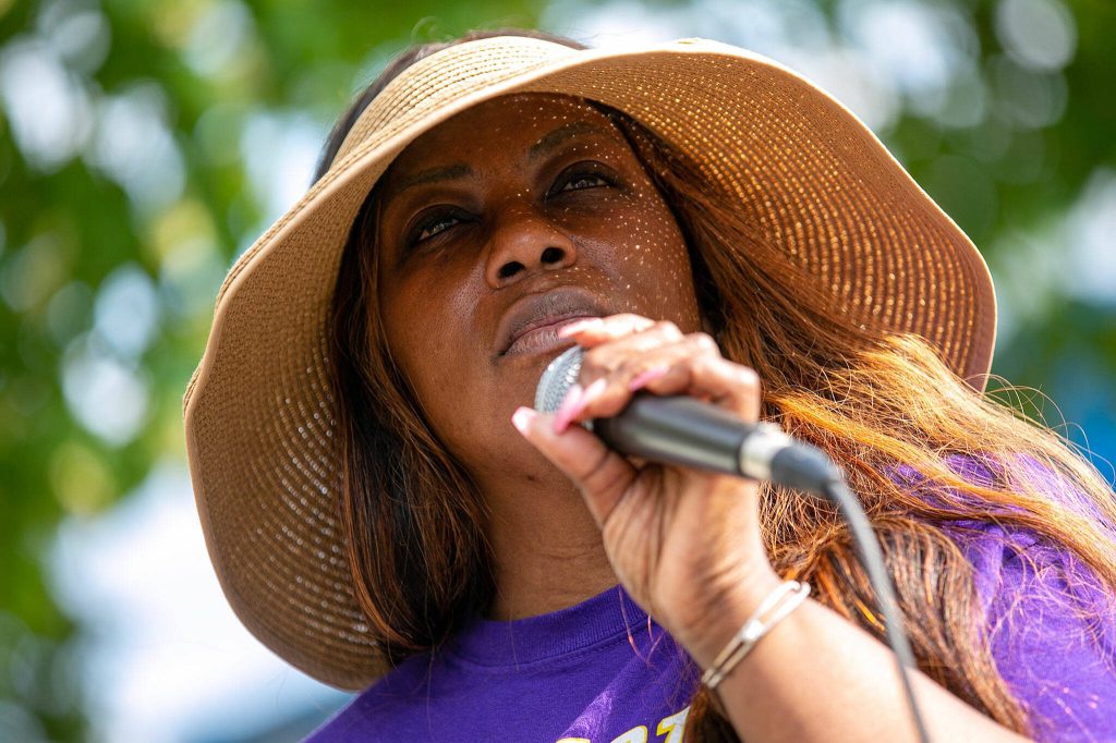 SEIU Healthcare 1199NW President Jane Hopkins speaks to local healthcare workers and union members during a picket demonstration in front of EvergreenHealth Monroe on Wednesday, May 24, 2023, in Monroe, Washington. (Ryan Berry / The Herald)