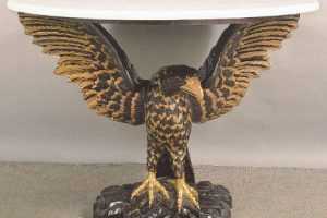 Eagles are a powerful symbol in American designs from the Great Seal to everyday decorative arts. A carved eagle holds up this tables faux marble top.