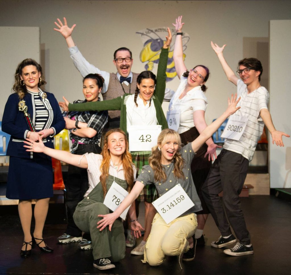 The cast of The 25th Annual Putnam County Spelling Bee includes (back from left) Kat Ray, Maya Tremblay, Ben St. Hilaire, Alexa Soriano, Haylie Conchelos, Jackson Zimmerman, (front row) Abby Price, and Amanda Petrowski. Not pictured are Steven Rigaux and Sage Jennings. (Kenny Randall)