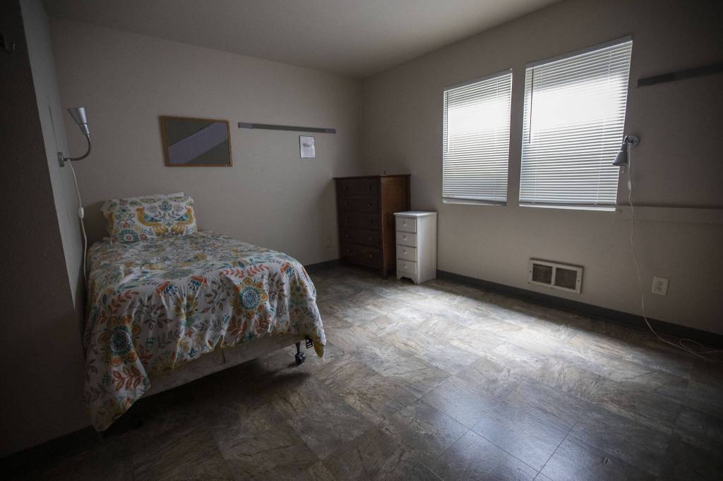 Inside one of the rooms in the current Evergreen Recovery Center housing on Thursday, May 25, 2023 in Everett, Washington. (Olivia Vanni / The Herald)