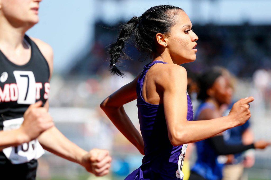 Lake Stevens senior Perla Ruiz approaches the finish line in the 4A girls 200 meter dash during the WIAA State Track and Field Championships on Saturday, May 27, 2023, at Mount Tahoma High School in Tacoma, Washington. (Ryan Berry / The Herald)