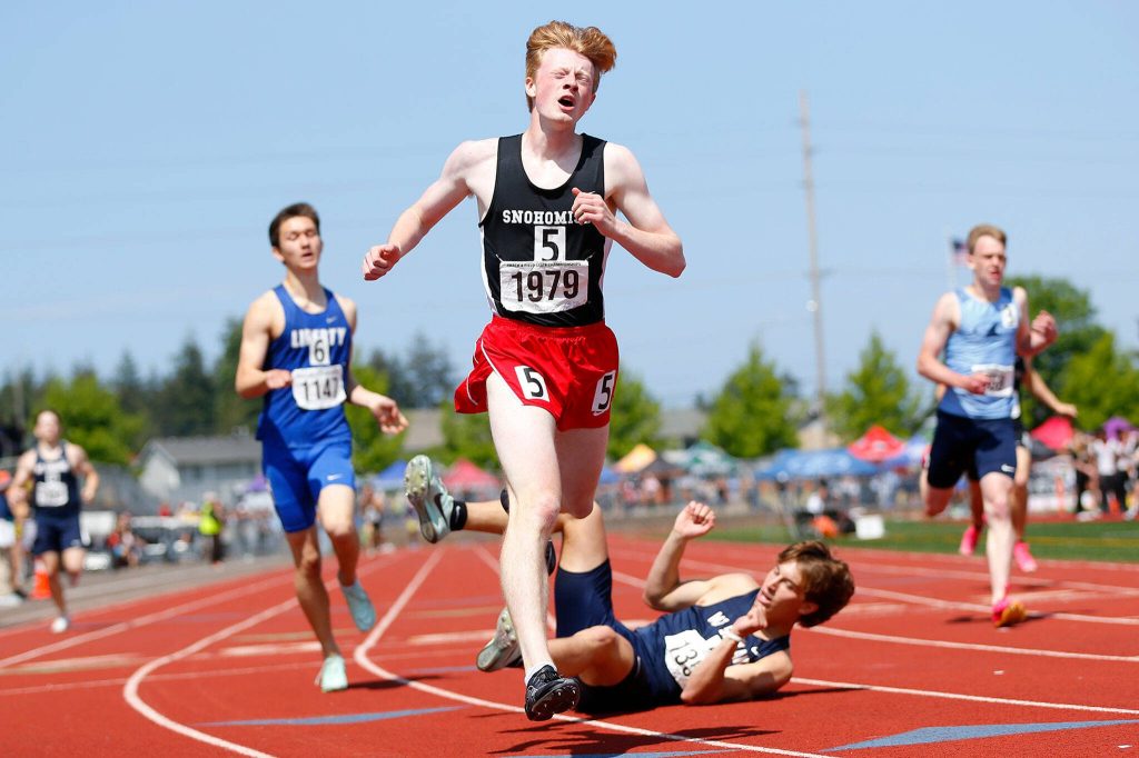 Snohomish senior Avery Keith squeezes out a victory in the boys 3A 400 meter dash during the WIAA State Track and Field Championships on Saturday, May 27, 2023, at Mount Tahoma High School in Tacoma, Washington. (Ryan Berry / The Herald)