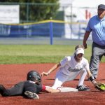 Snohomishs Bridget Johnson (8) slides into second during the 3A softball championship game between Snohomish and Peninsula at the Lacey-Thurston County Regional Athletic Complex in Olympia, Washington on Saturday, May 27, 2023. Snohomish lost, 4-1. (Annie Barker / The Herald)