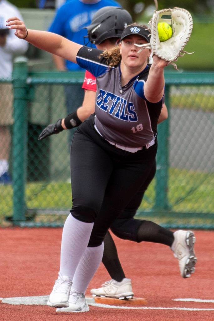 Walls Wallas Clarabelle Hall (18) catches during a game between Snohomish and Walla Walla at the Lacey-Thurston County Regional Athletic Complex in Olympia, Washington on Saturday, May 27, 2023. Snohomish won, 7-3. (Annie Barker / The Herald)