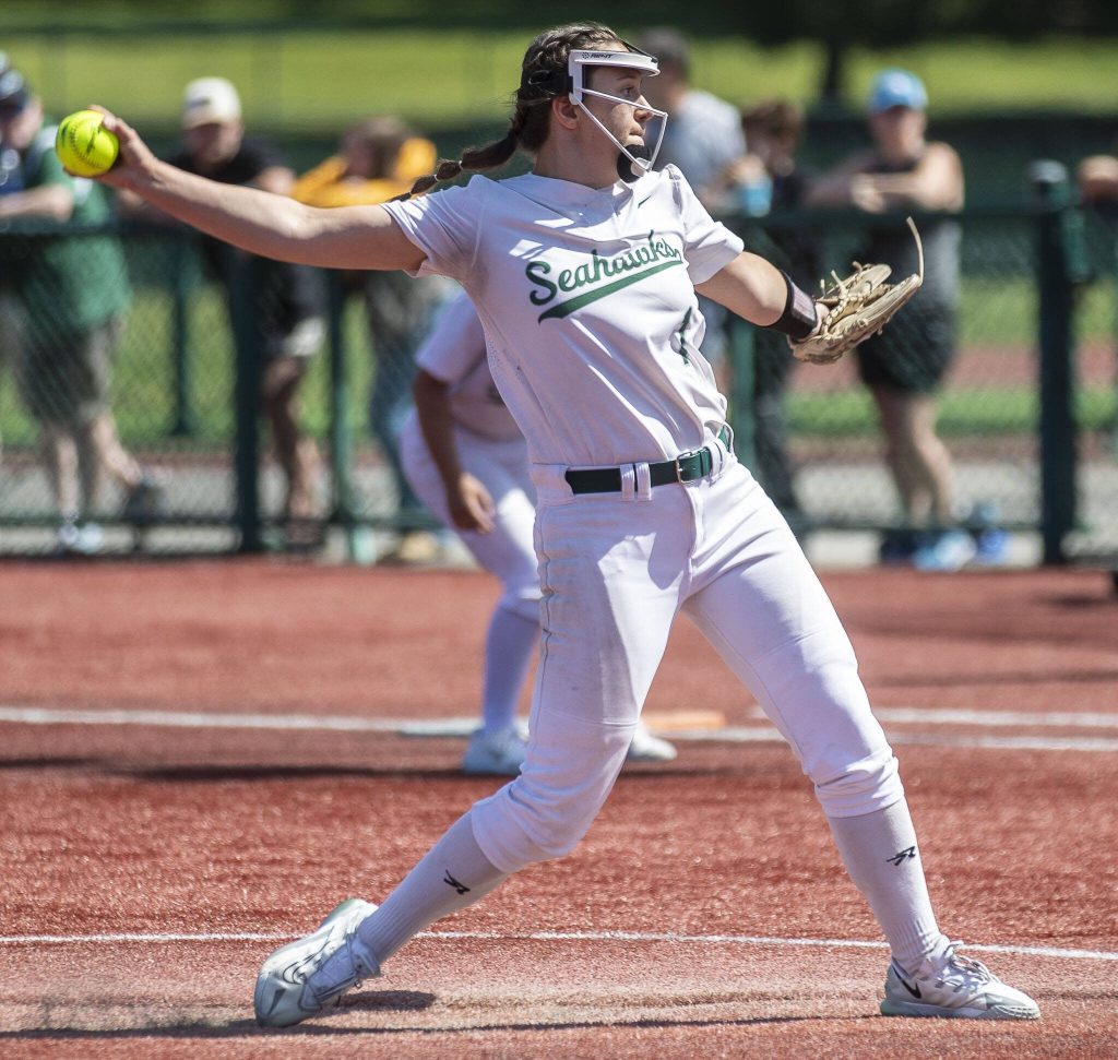 Peninsulas Alli Kimball (1) pitches during the 3A softball championship game between Snohomish and Peninsula at the Lacey-Thurston County Regional Athletic Complex in Olympia, Washington on Saturday, May 27, 2023. Snohomish lost, 4-1. (Annie Barker / The Herald)